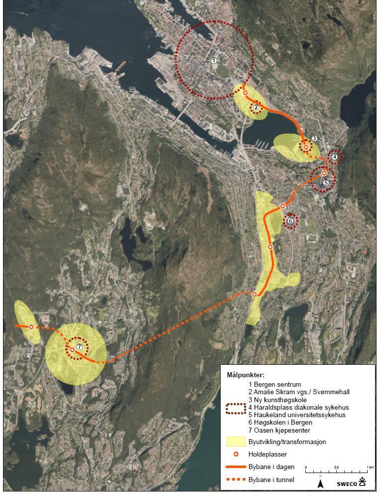 Figuren under oppsummerer de viktigste målpunktene og områdene for byutvikling langs traséen fra sentrum til Fyllingsdalen.