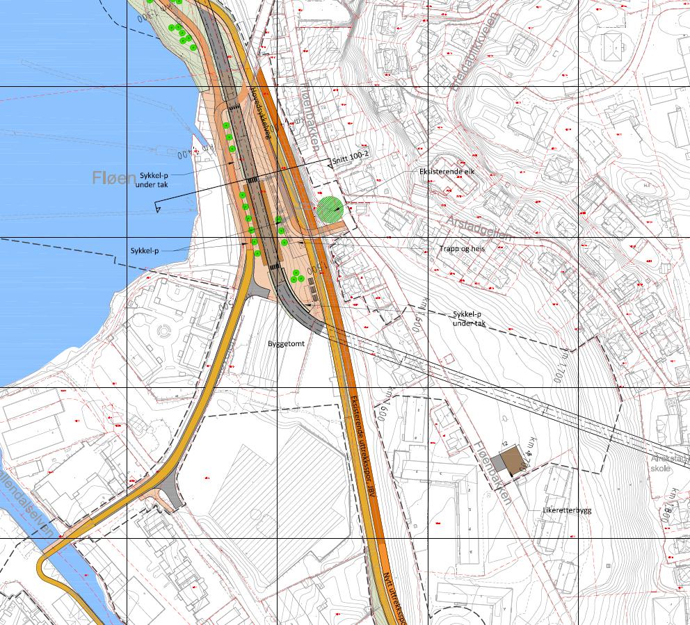 Fløen/Møllendal Hovedalternativet krysser Møllendalsveien i plan ved Fløen og går i løsmassetunnel under parsellhagen i Fløen før den går i fjell inn i Kronstadhøyden.