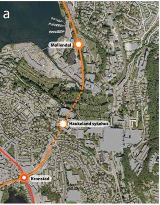 Varianter fra planprogrammet Planprogrammet forutsatte utredning av tre varianter for bybane til Fyllingsdalen via Haukeland.