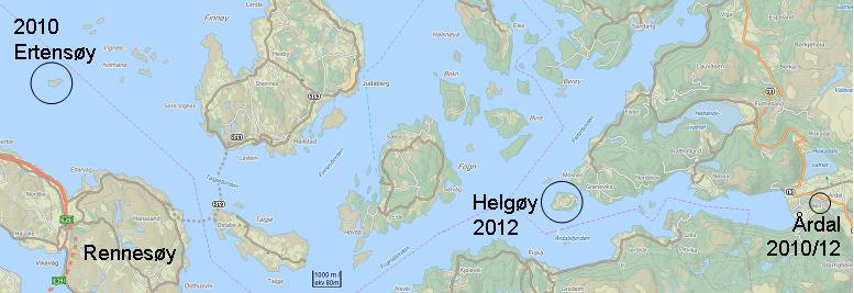 Figur 16: Innringete områder viser utsettingslokaliteter for Årdalssmolt i elv og sjø. I 2013 hadde fisken i settefiskanlegget i Årdal gjelleproblemer, og en valgte da å ikke sette opp forsøk.