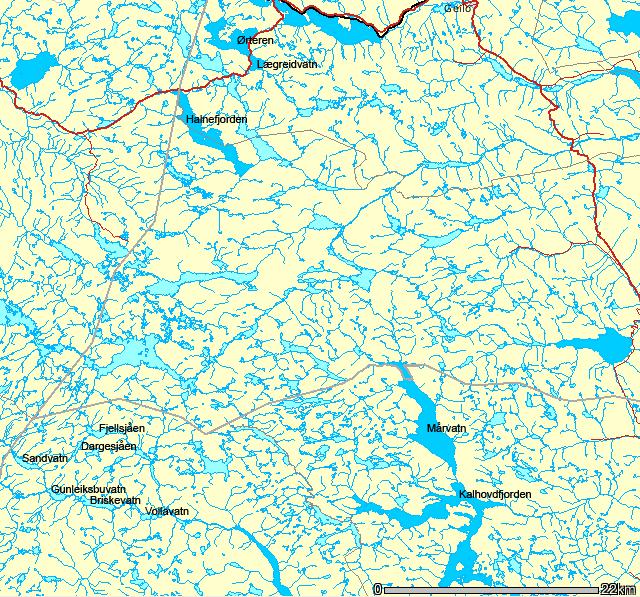 Figur 1. Beliggenheten av de undersøkte innsjøene på Hardangervidda. Innsjøer merket mørkeblått er regulerte innsjøer.