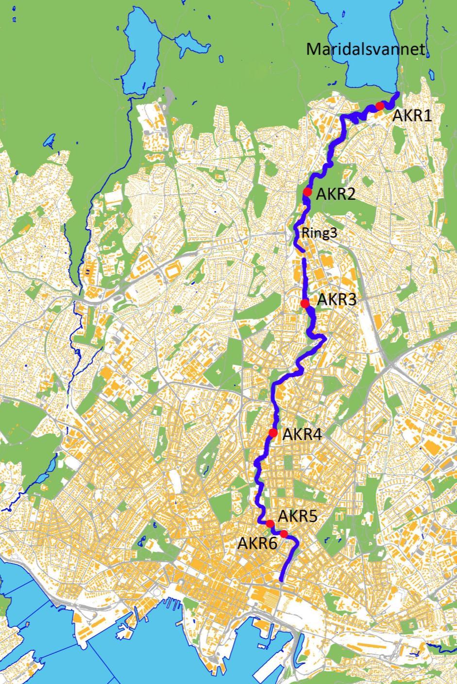 Fig. 1. Kart over Akerselva med undersøkte lokaliteter for bunndy og fiskr. 2.