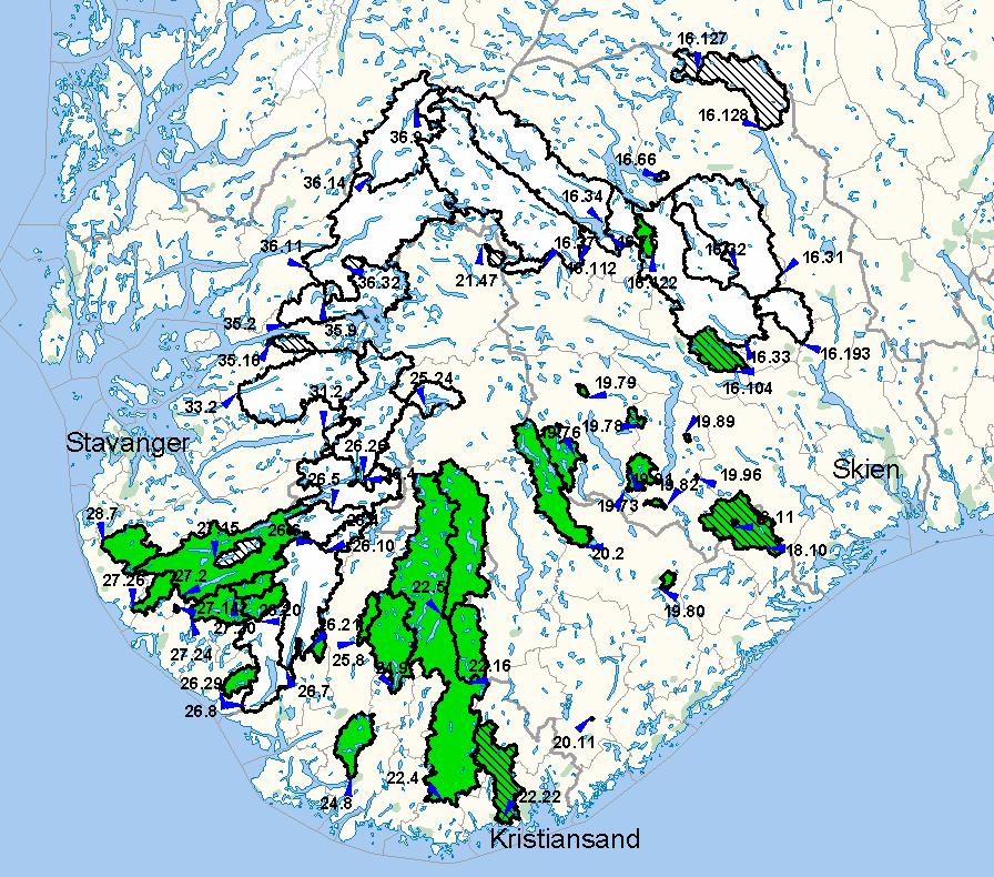 3. Datagrunnlag 3.1 Måleserier Et utvalg på 61 målestasjoner i Sør-Norge (Figur 3 og Tabell 1) er benyttet for å vurdere om nye regresjonsligninger vil gi bedre estimater av alminnelig lavvannføring.