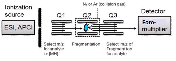 Q1 fungerer som et filter for en utvalgt masse, Q2 er kollisjonscellen som fragmenterer ionet av interesse og Q3 er masseanalysatoren som analyserer alle fragmenter av valgte ionmasse [44].
