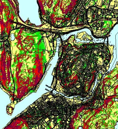 Utviklingsretninger i Egersund 23 6 ANALYSE AV NYE UTBYGGINGSMULIGHETER 6.1 Område A Stasjonsbyen Figur 6-1 Kartutsnitt område A - stigningsforhold, kommuneplan og markslag.