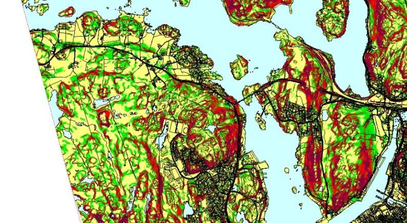 Utviklingsretninger i Egersund 24 6.2 Område B Lauvåsen og Eigerøy nord Figur 6-2 Kartutsnitt område B - stigningsforhold, kommuneplan og markslag.