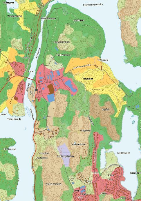 Det er særlig gunstige stigningsforhold i forlengelsen av eksisterende bebyggelse ved Tengs. Godt egnet.