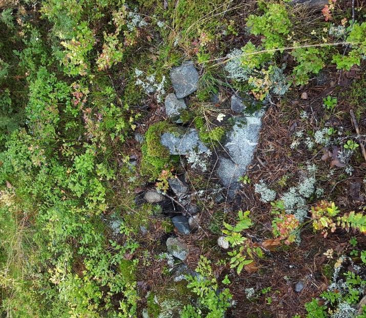 R28 Rydningsrøys som ligger i terrenget. Røysen er godt tilgrodd og ikke lett å se. Den er relativt liten på ca. 2x1 meter. I utkant av bevaringssone for åker 9, og kan muligens bevares.