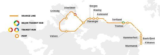 Figur 2.3 Eimskips rute mellom Aberdeen og Murmansk Kilde: http://eimskip.is/en/import/schedule/austurlei%c3%b0.