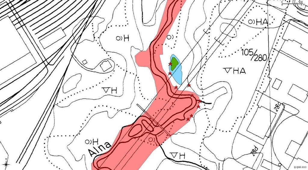 8) Dam i Alnaparken Figur 20. Kart over lokaliteten. Grønt felt viser potensielt område for uttak av vegetasjon.