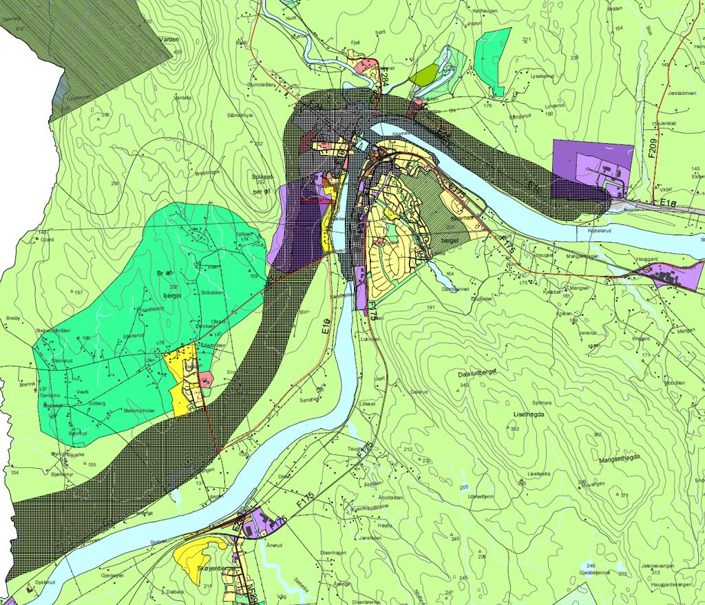 Figur 5 Utsnitt av kommuneplanens arealdel for Sør-Odal (kilde: Sør-Odal kommune) Fra fylkesgrensen går båndleggingssonen hovedsakelig i områder avsatt til LNFR fram til Sandnesmoen hvor den krysser