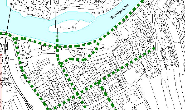 Trafikkarealer gangtraseer. Kongens gt.gjennomgående fra Sannan-Nordsia, via tyngdepunktet av Sørsia bydel.