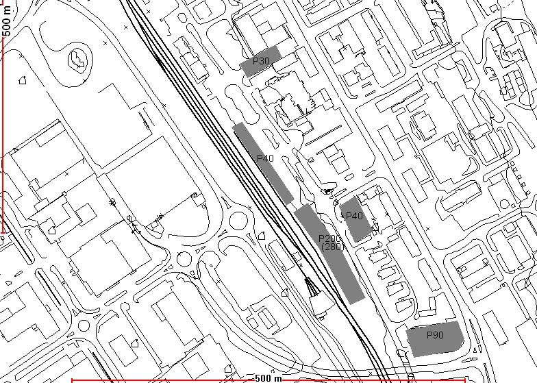 Mellom Strandvegen og Kongensgt: 40+90 pl I nord: Teleplassen 60 pl, evt2 plan 110 pl.