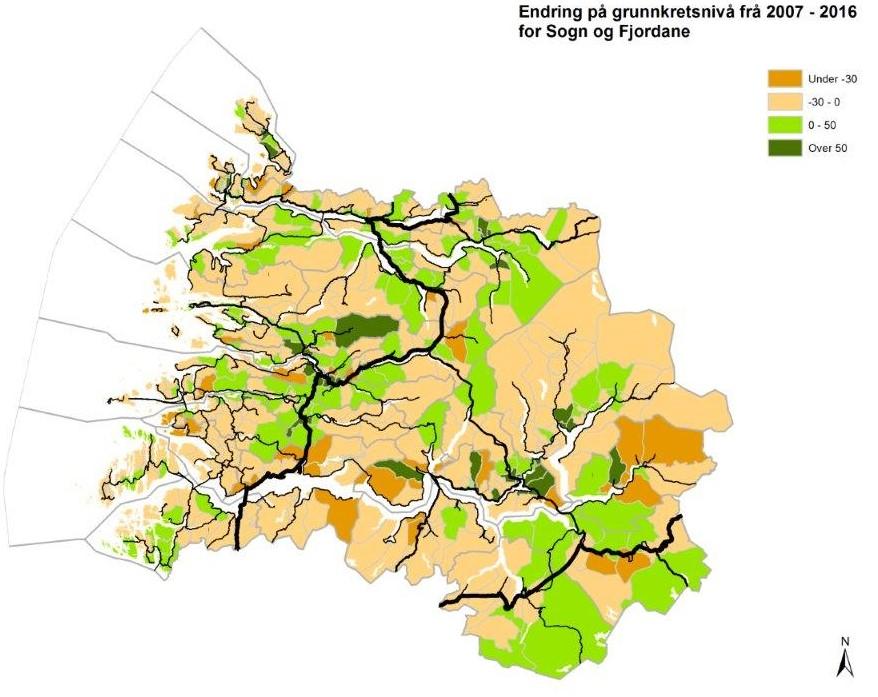 Kartet viser ein tendens til at folketalsveksten er størst rundt sentrale vegstrekningar.