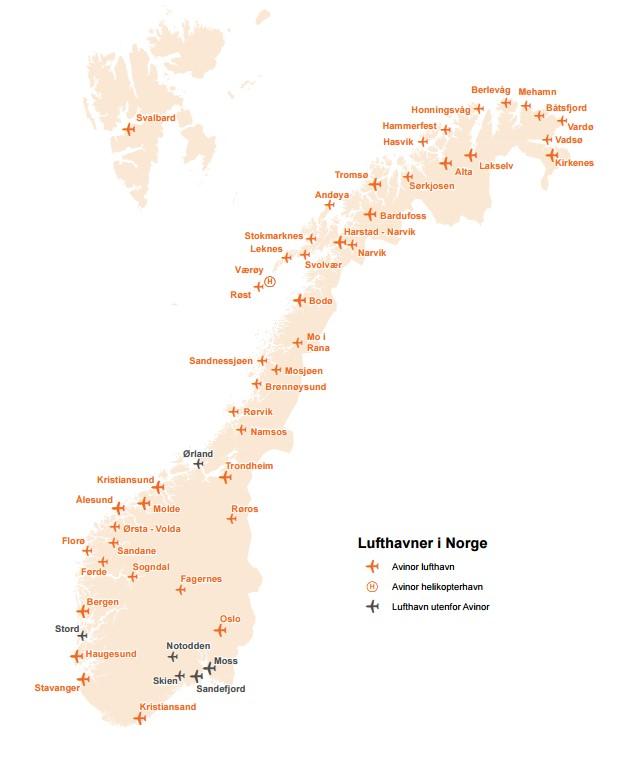 14 LUFTFART Norge er eit land med store avstandar og utfordrande topografi. Norsk næringsliv er internasjonalt orientert. Dette medfører at næringslivet er heilt avhengig av luftfarten.