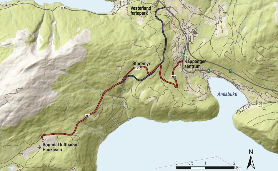 Fv. 213 Haukåsvegen til Sogndal lufthamn, Hauk åsen 96 Fv. 213 Haukåsvegen er om lag 8 km lang og går mellom Kaupanger og Sogndal lufthamn på Haukåsen i Sogndal kommune.