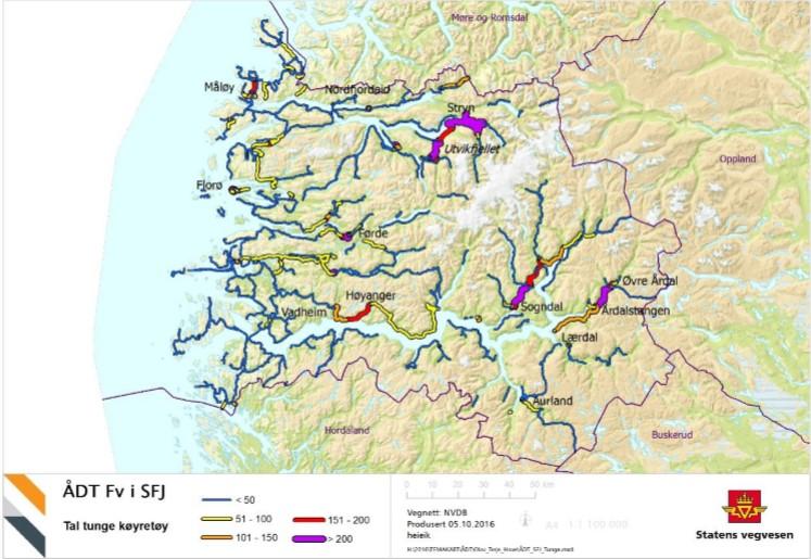 Figur 3.4: Tal tunge køyretøy på fylkesvegnettet i Sogn og Fjordane Også på fv. 60 ved fylkesgrensa i Hornindal, på fv. 53 mellom Fodnes og Årdalstangen og på fv.