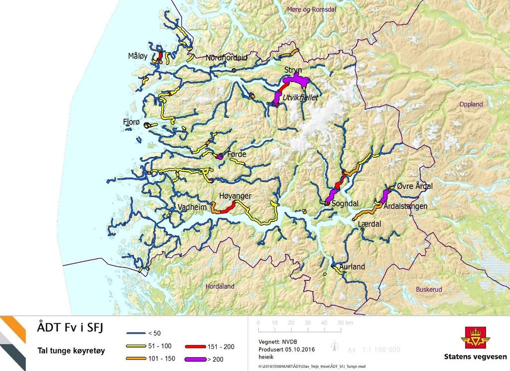 Figur 4.9: Talet på tunge køyretøy på fylkesvegnettet i Sogn og Fjordane Figuren viser årsdøgntrafikk for tunge køyretøy på fylkesvegnettet.