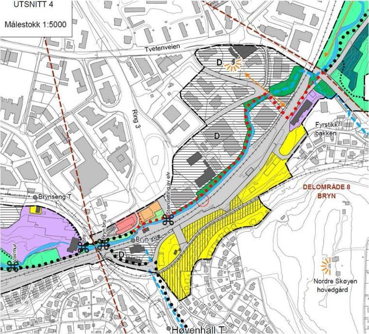 Industri- og gjenvinningsvirksomhetene på Haraldrud ble vurdert, og forutsatt opprettholdt. KDP Økern er videreført i forslag til ny kommuneplan. Figur 80 - Kommunedelplan for Økernområdet (KDP nr.