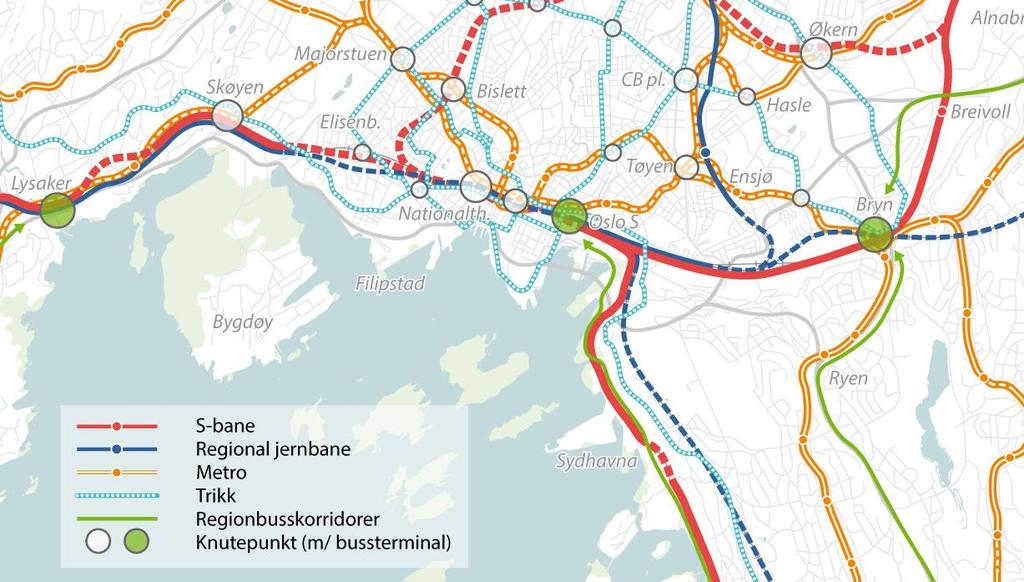 Figur 85 - Oversikt over anbefalt konsept i KVU-Oslonavet (Ill: JBV) M2016 Oslo og Akershus er et av Europas raskest voksende storbyområdet.