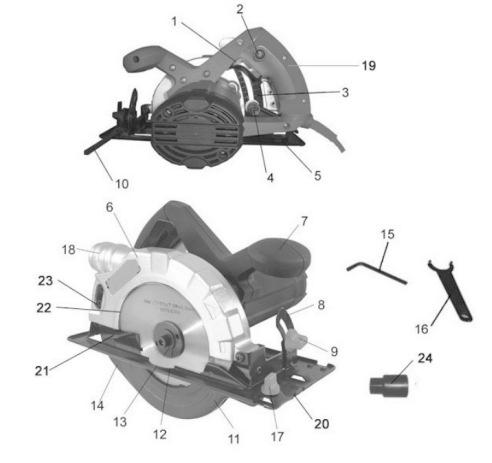 1. Effektbryter 2. Låsebryter 3. Skala for dybdekutting 4. Spake for dybdelås 5. Baseplate 6. Øvre beskyttelse 7. Fronthåndtak 8. Skala for skråkutt 9. Justeringsknapp for skråkutt 10.