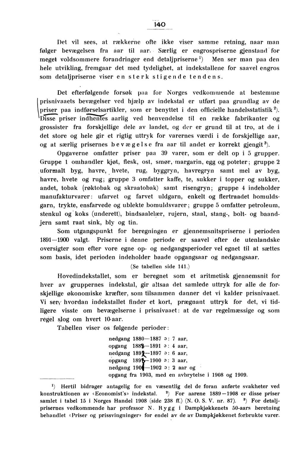 140 Det vil sees, at reekkerne ofte ikke viser samme retning, naar man følger bevægelsen fra aar til aar. Særlig er engrospriserne gjenstan d.