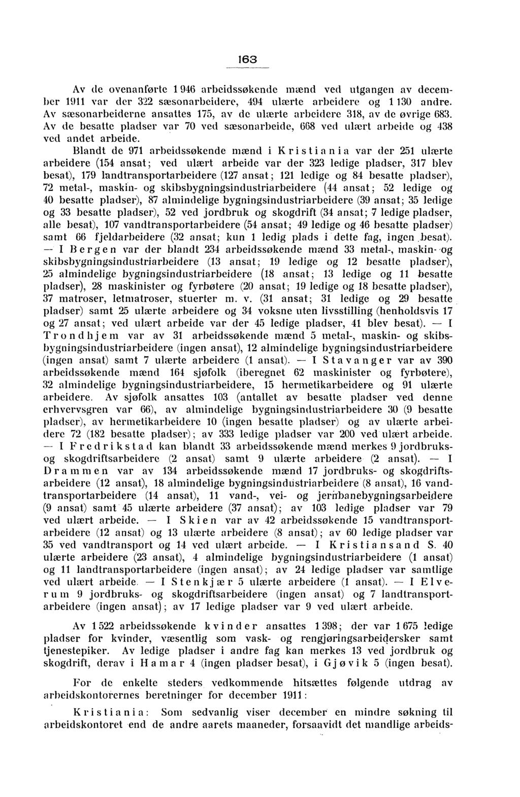 163 Av de ovenanførte 1 946 arbeidssøkende mænd ved utgangen av december 1911 var der 322 sæsonarbeidere, 494 ulærte arbeidere og 1 130 andre.