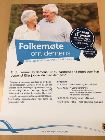 Åpent møte om demens 25.1.2017 i regi av Sarpsborg kommune.