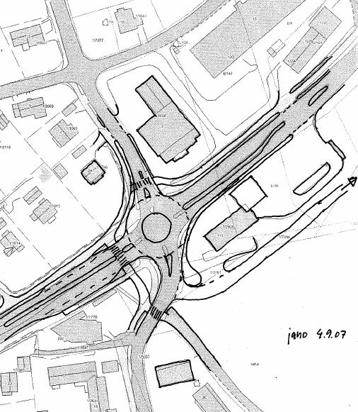 Noe grunnerverv i kvadranten mot bensinstasjonen og omlegging av sydøstlig adkomst til bensinstasjonen.