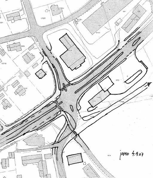 Alternativ 3; kanalisert X-kryss med rettvinklet innføring av arm mot syd Alternativ 3 har en sydlig rettvinklet arm mot X-krysset i Furnesveien.