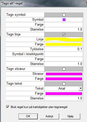 Velg først en passende farge for «Tegn alt» regel, meny Opptegning - Tegneregel (tegn alle). Hak kun av for Tegn linje. Husk også å hake av for Bruk regel kun på kartobjekter uten tegneregel.