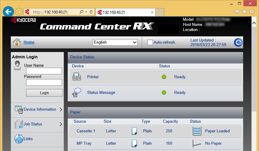 Installere og konfigurere maskinen > Command Center RX Tilgang Command Center RX 1 Vis skjermbildet. 1 Start nettleseren.