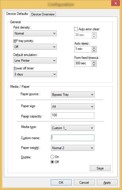 Utskrift fra PC > Configuration Tool Skjerm for Configuration Tool -innstillinger Standardinnstillinger for enhet Konfigurer standardinnstillinger for skriverdriver og strømsparingsfunksjonen på