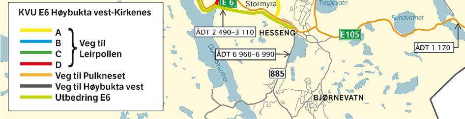 På siste del av innfartsvegen på E6 til Kirkenes, er ÅDT for de ulike konseptene beregnet til mellom 8.000 og 9.850 kjøretøy per døgn (2062).