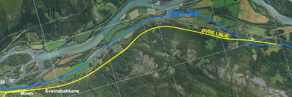 3.2.5 Nedre linje Kvam nord Sel grense (i henhold til vedtatt kommunedelplan) Linja ligger parallelt med jernbanen frem til Heggerusta, herfra ligger linja ute på vollene mot Lågen inntil Kollobekken.