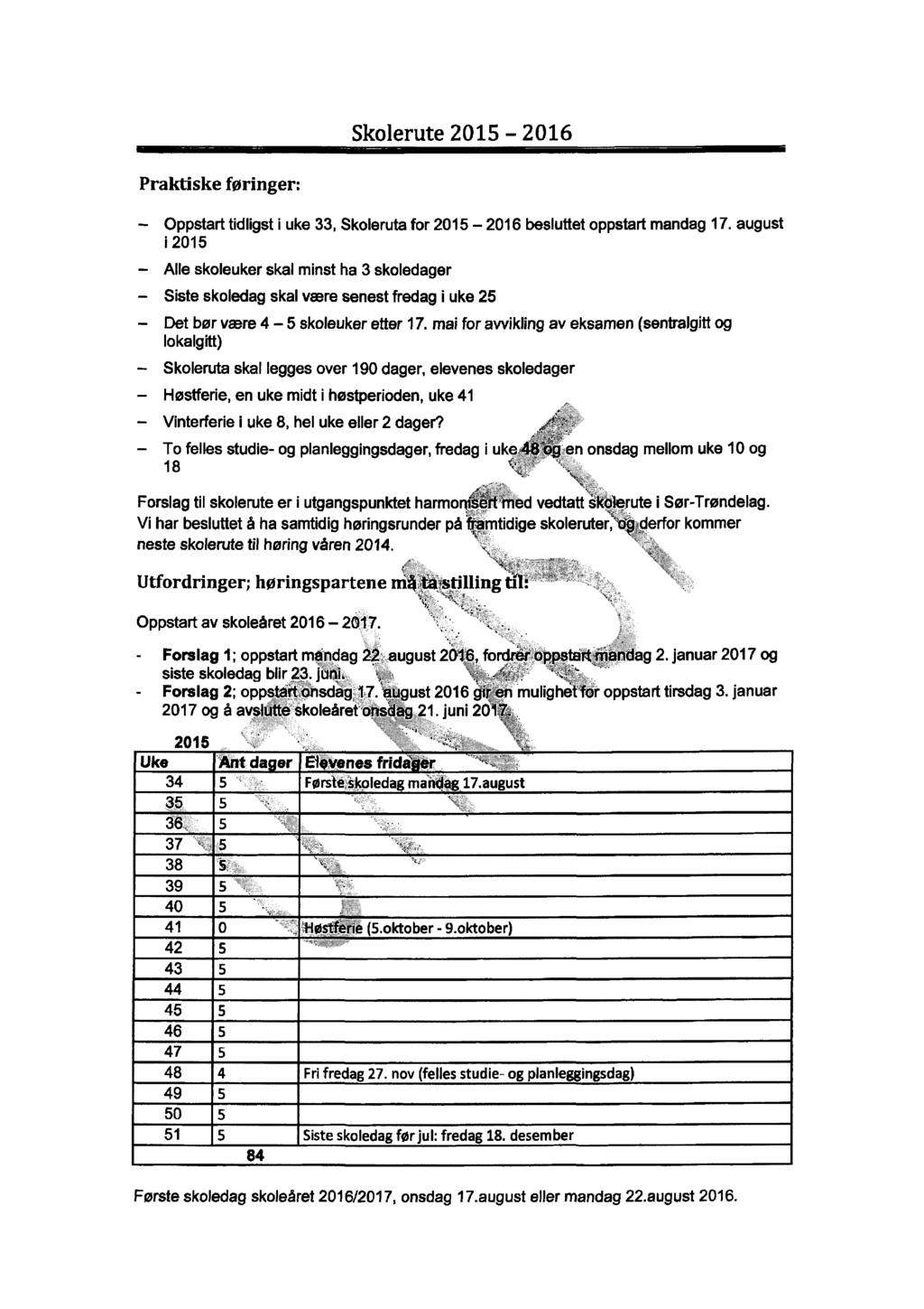 Skolerute 2015-2016 Praktiske føringer: Oppstart tidligst i uke 33, Skoleruta for 2015 2016 besluttet oppstart mandag 17.