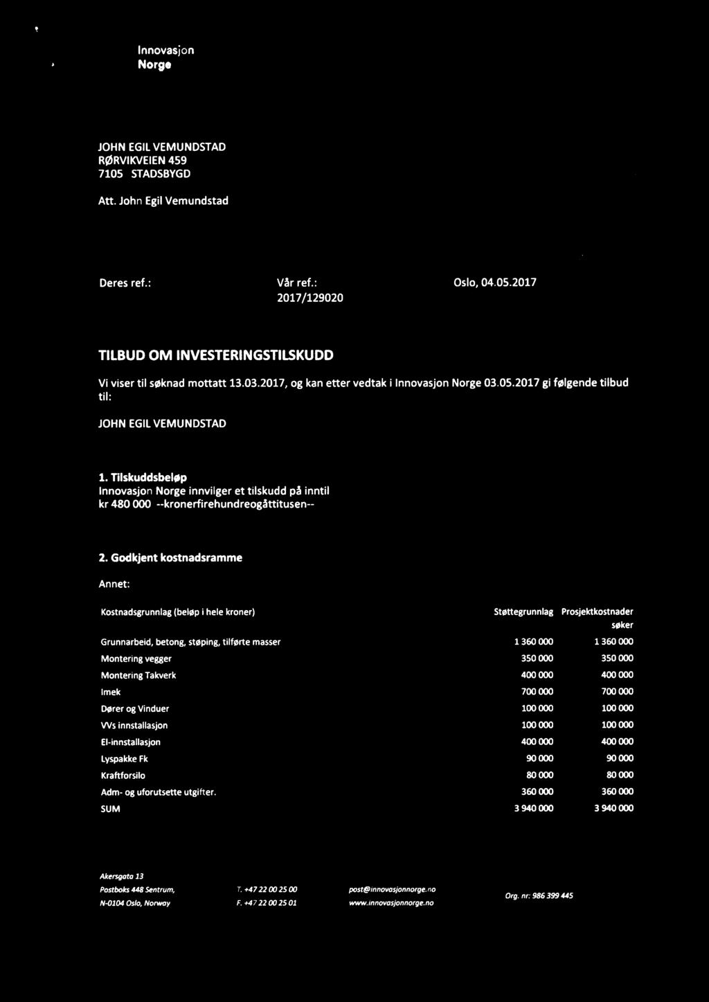 nl Innovasjon Norge /_...., I I JOHN EGIL VEMUNDSTAD! RØRVIKVEIEN 459 7105 STADSBYGD J / Kg, Rm \ maxim w: 7 Att. John Egil Vemundstad I 1. UL. "* Kl 2011," Deres ref.: Vår ref.: 2017/129020 Oslo, 04.