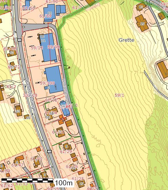 3 Områdebeskrivelse og rammer for planarbeidet 3.1 Beliggenhet Planområdet ligger i Hov sentrum, langs Hovlandsvegens østside i lengde på 185 meter og en bredde på 35 meter.