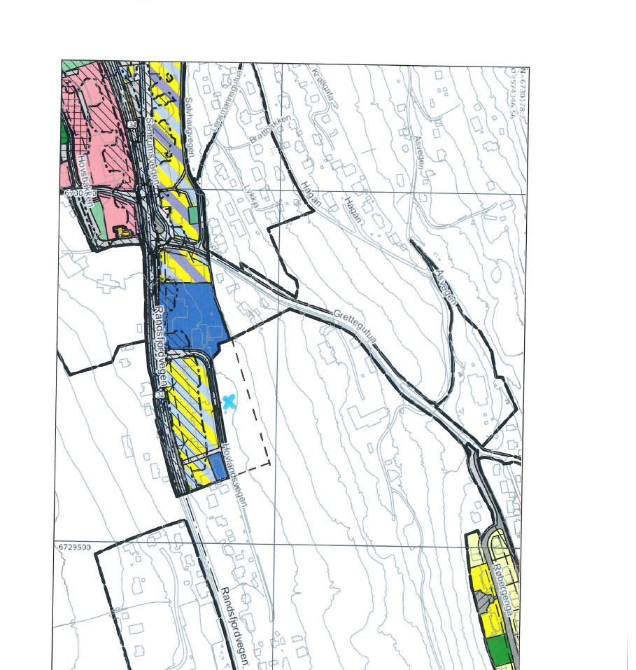 Utsnitt av områdereguleringsplanen for Hov sentrum, hvor planområdet er vist med sort stiplet linje og blått kryss. 4 Tiltaket 4.1 Innhold og avgrensning Planområdet er på 9,0 dekar.