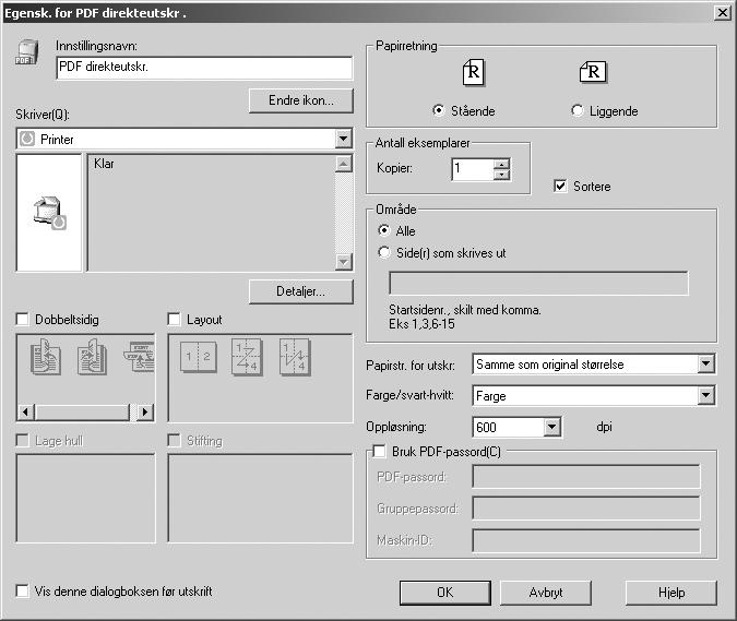 Andre utskriftsoperasjoner PDF-direkteutskriftegenskaper 1 2 3 9 10 11 3 4 6 5 7 12 13 14 15 8 ANW014S NO 1. Innstillingsnavn: Viser plugin-konfigurasjonsnavnet (opptil 63 enkeltbyte-tegn) 2.