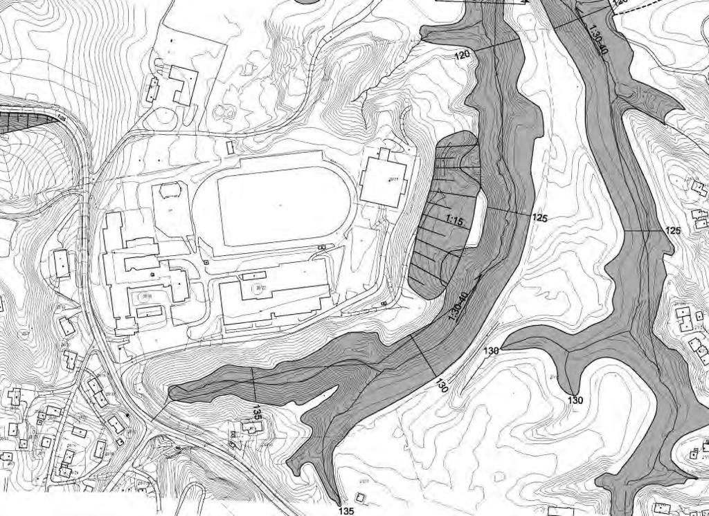 8-(31) BESKRIVESE 4. TOPOGRAFI OG GRUNNFORHOLD Den offentlige bebyggelsen ligger samlet på et platå øst for fylkesveien, ca kote 145.