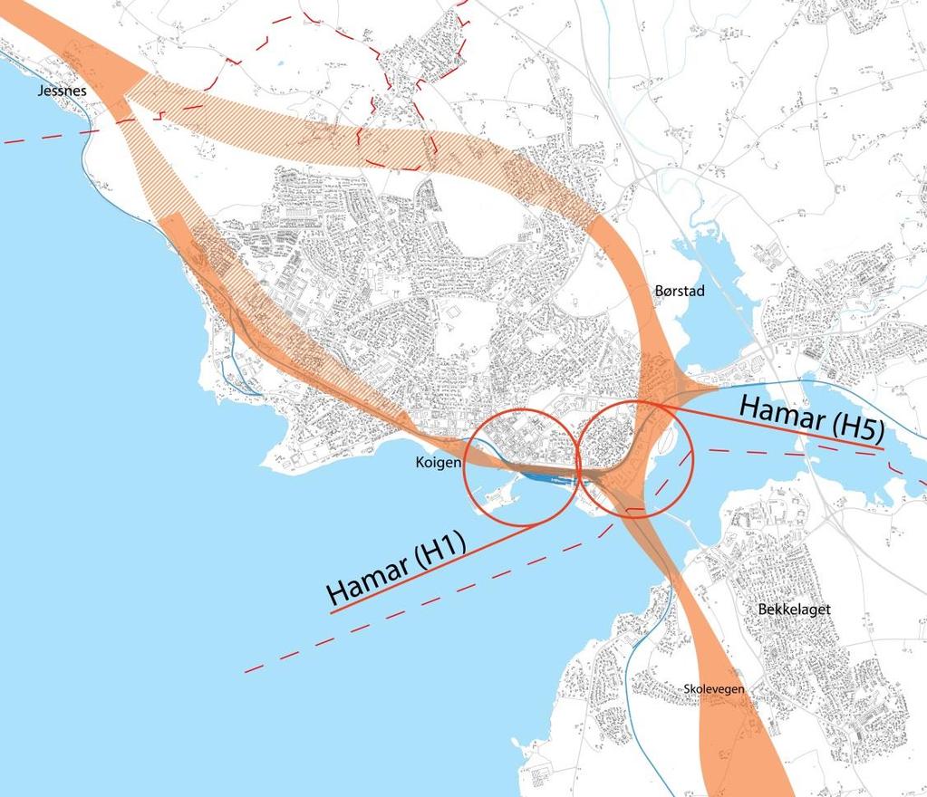 23 A.3.3.2 Hamar kommune Gjennom Hamar kommune legges to alternative korridorer til grunn.