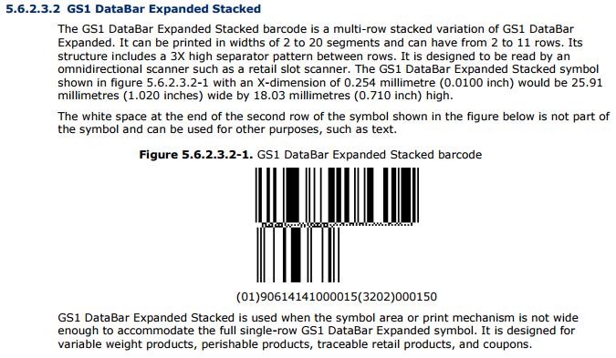 12 GS1 DataBar Expanded Stacked: Sluttdokumentasjon Skanneren skal kunne lese strekkode med disse spesifikasjonene (figur 2.3-B DataBar spec): Figur 2.3-B DataBar spec 2.