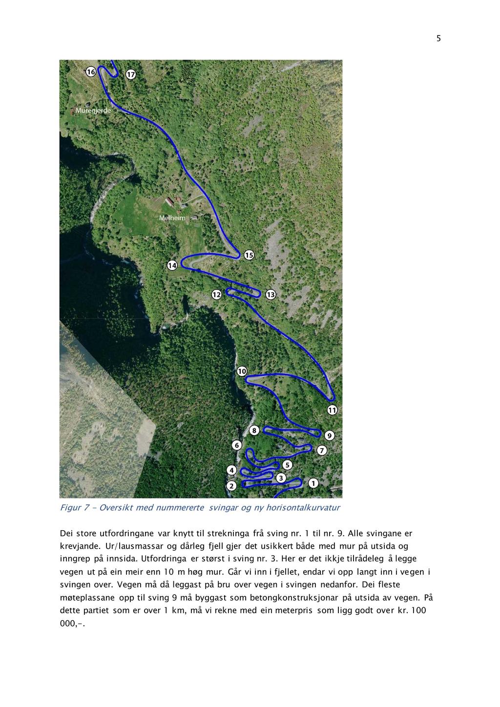 5 Figur 7 - Oversikt med nummererte svingar og ny horisontalkurvatur Dei store utfordringane var knytt til strekninga frå sving nr. 1 til nr. 9. Alle svingane er krevjande.