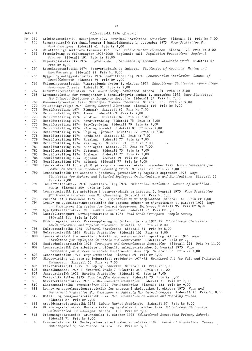 Rekke A Offsettrykk (forts.) Nr. Kriminalstatistikk Reaksjoner Criminal Statistics Sanctions Sidetall Pris kr,00 0 Lønnsstatistikk for funksjonærer i bankvirksomhet.