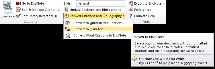 Fjerne feltkoder EndNote setter Cite While You Write feltkoder inn i Word-dokumentet.