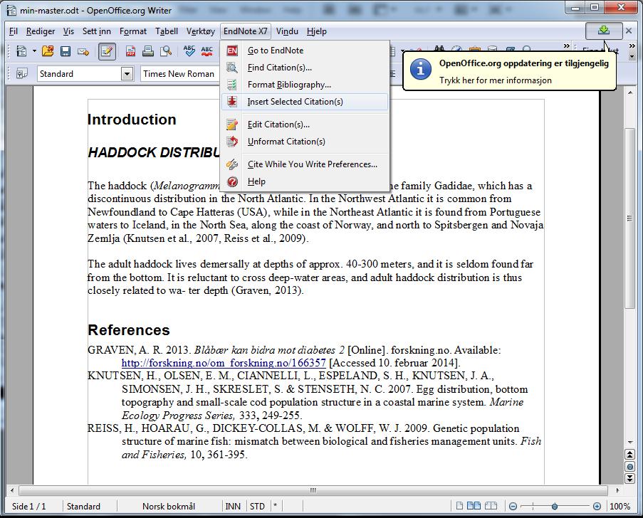 EndNote og Open Office (ver. 3.4.1) Det går fint å bruke EndNote sammen med OpenOffice versjon 3.4.1. Det er dessverre noen kompabilitetsproblemer med EndNote og OpenOffice 4.0 https://forum.
