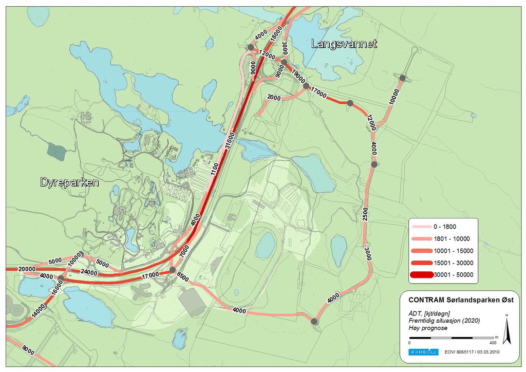 5. ÅDT og avvikling I forbindelse med trafikkanalysen for Sørlandsparken øst ble det gjennomført CONTRAMberegninger for høy og lav prognose for år 2020 og 2030.