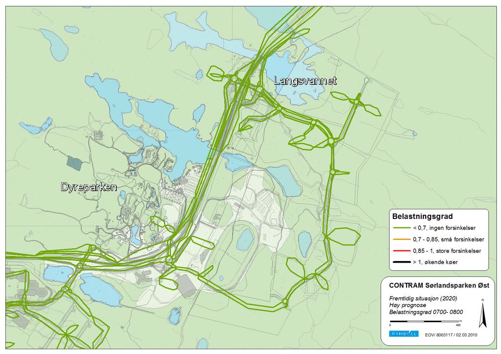 Trafikkavvikling Beregnet trafikkavvikling for opprinnelig høy prognose er vist i Figur 6 for morgen og Figur 7 for ettermiddag.