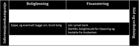 6 Prosjektet tilbød tre ulike boligløsninger, som ungdommene kan velge blant ut fra sin økonomiske situasjon og ønske: bygge ny bolig kjøpe (og eventuelt bygge om) brukt bolig leie kommunal bolig av